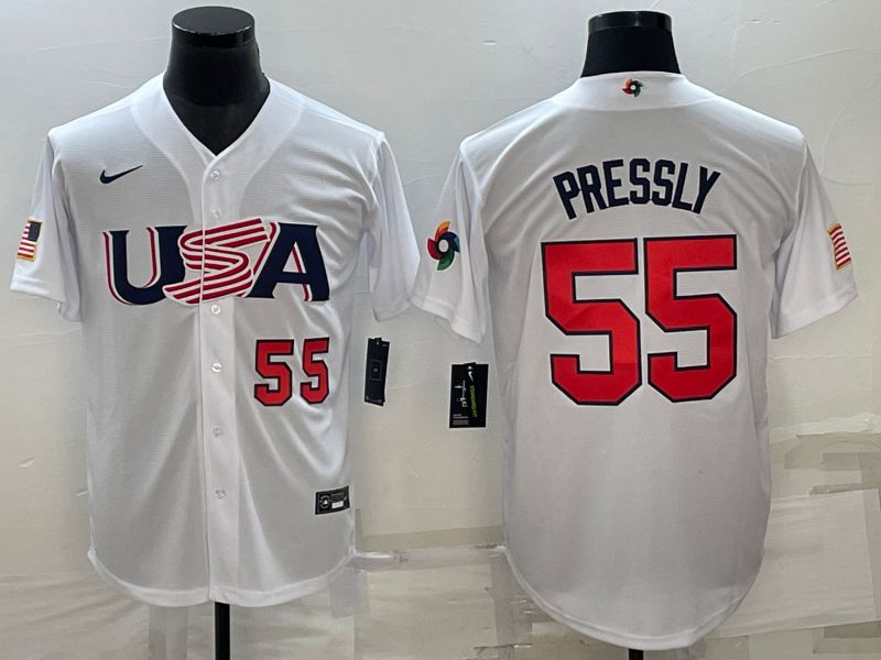 Men 2023 World Cub USA #55 Pressly White Nike MLB Jersey5->more jerseys->MLB Jersey